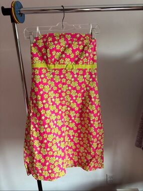 Bright Pink Strapless Floral Sundress with Lime Accents